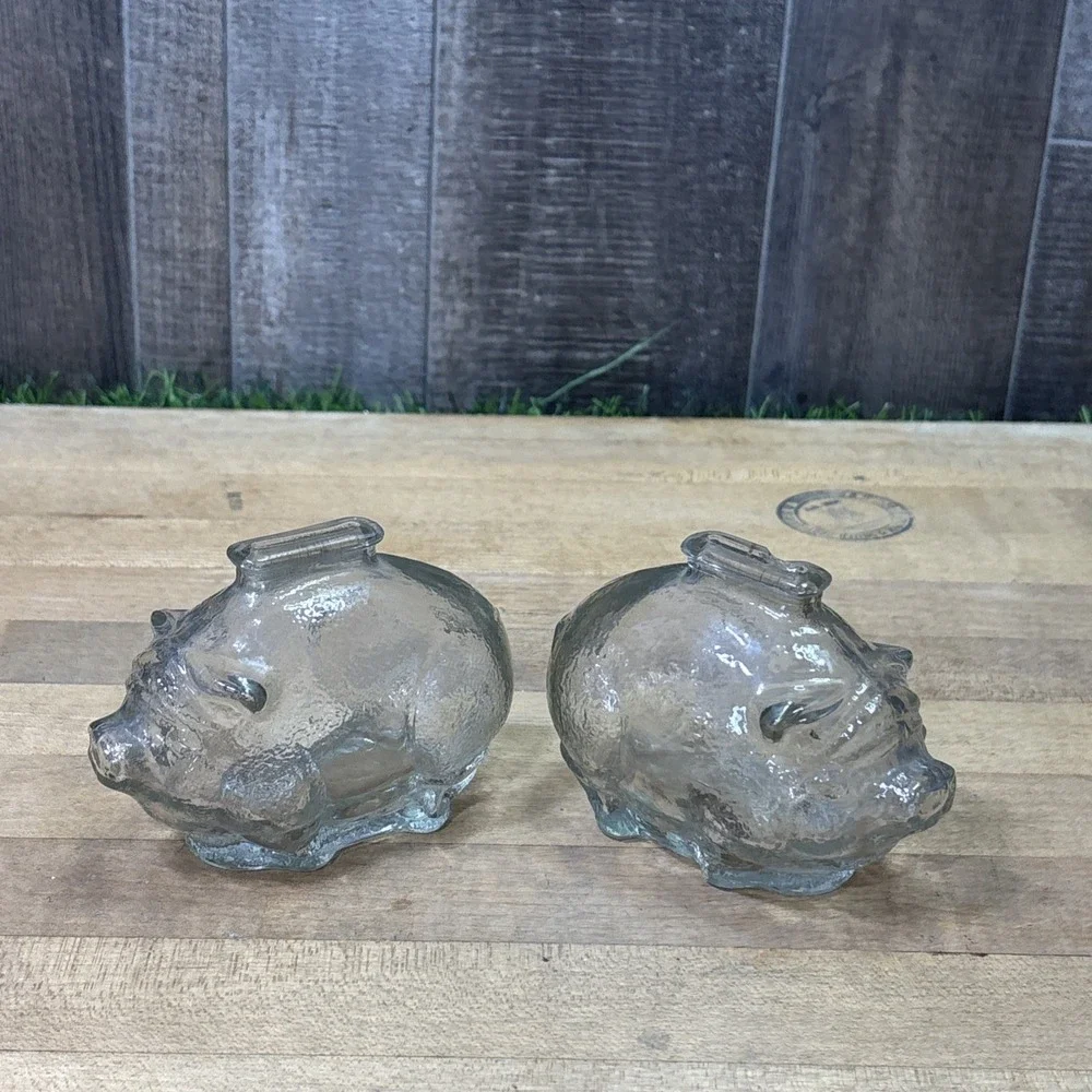 Vintage MCM Clear Textured Glass Piggy Banks Pair Coin Banks Retro Pig Figurines